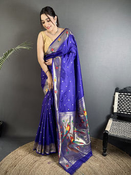 Elora - Women Blue Silk Blend Woven Saree with Unstitched Blouse