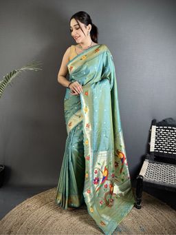 Elora - Women Blue Silk Blend Woven Saree with Unstitched Blouse