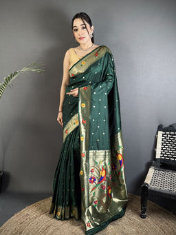 Elora - Women Green Silk Blend Woven Saree with Unstitched Blouse