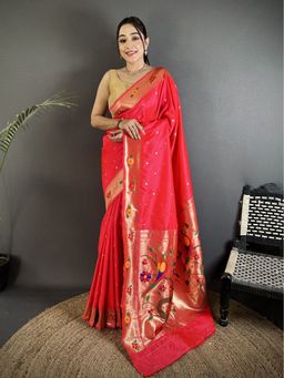 Elora - Women Pink Silk Blend Woven Saree with Unstitched Blouse