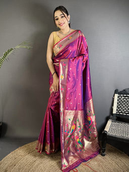 Elora - Women Magenta Silk Blend Woven Saree with Unstitched Blouse
