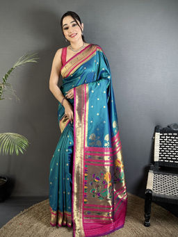 Elora - Women Teal Silk Blend Woven Saree with Unstitched Blouse