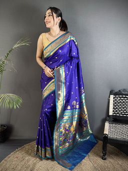 Elora - Women Blue Silk Blend Woven Saree with Unstitched Blouse