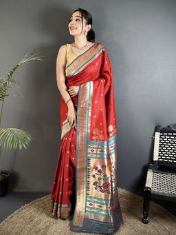 Elora - Women Red Silk Blend Woven Saree with Unstitched Blouse