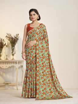 Garden VARELI - Women Crepe Satin Floral Blue Saree with Unstitched Blouse