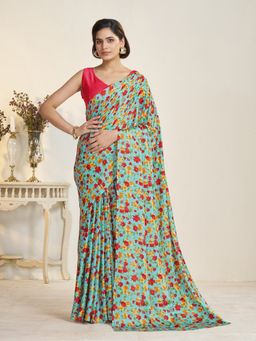 Garden VARELI - Women Crepe Satin Floral Printed Turquoise Saree with Unstitched Blouse