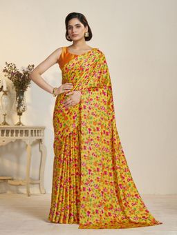 Garden VARELI - Women Crepe Satin Floral Printed Yellow Saree with Unstitched Blouse