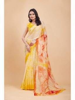 Garden VARELI - Women Chiffon Abstract Printed Yellow Saree with Unstitched Blouse