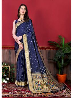 Ekta Textiles - Navy Blue Soft Pathani Silk Zari Woven Saree with Unstitched Blouse