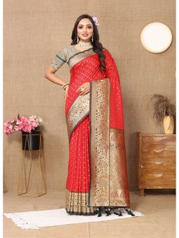 Ekta Textiles - Red Soft Silk Zari Motifs Saree with Unstitched Blouse