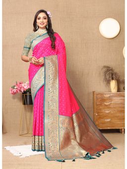 Ekta Textiles - Pink Soft Silk Zari Motifs Saree with Unstitched Blouse