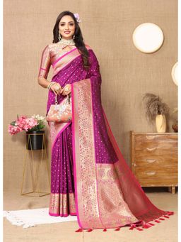 Ekta Textiles - Magenta Soft Silk Zari Motifs Saree with Unstitched Blouse