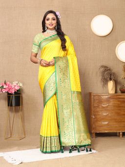 Ekta Textiles - Yellow Soft Silk Zari Motifs Saree with Unstitched Blouse