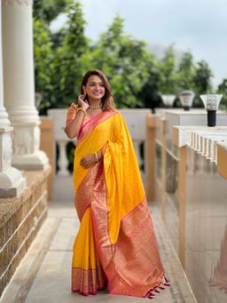 Ekta Textiles - Yellow Soft Silk Zari Motifs Saree with Unstitched Blouse