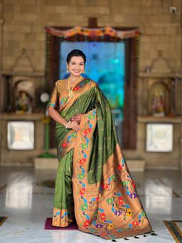 Ekta Textiles - Olive Soft Pathani Silk Zari Woven and Minakari Pallu Saree with Unstitched Blouse