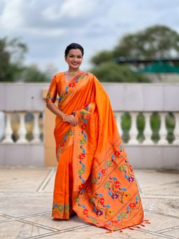 Ekta Textiles - Orange Soft Pathani Silk Zari Woven and Minakari Pallu Saree with Unstitched Blouse