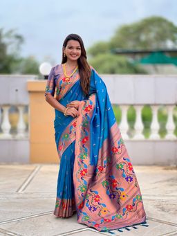 Ekta Textiles - Blue Soft Pathani Silk Zari Woven and Minakari Pallu Saree with Unstitched Blouse
