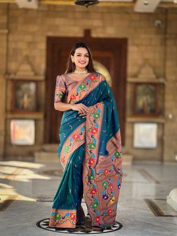 Ekta Textiles - Teal Soft Pathani Silk Zari Woven and Minakari Pallu Saree with Unstitched Blouse