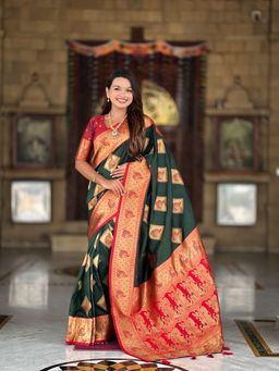 Ekta Textiles - Green Soft Banarasi Silk All-Over Zari Saree with Unstitched Blouse