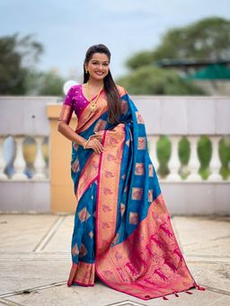 Ekta Textiles - Blue Soft Banarasi Silk All-Over Zari Saree with Unstitched Blouse