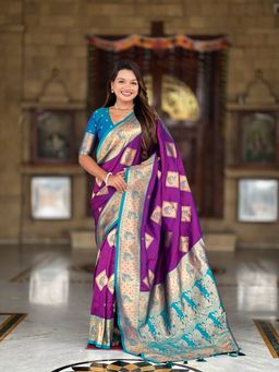 Ekta Textiles - Magenta Soft Banarasi Silk All-Over Zari Saree with Unstitched Blouse
