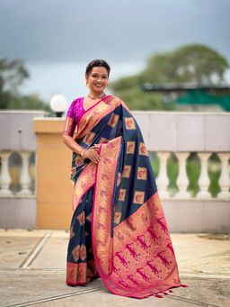 Ekta Textiles - Teal Soft Banarasi Silk All-Over Zari Saree with Unstitched Blouse