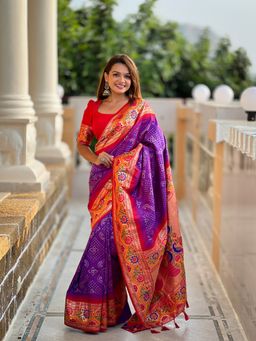 Ekta Textiles - Purple Soft Pathani Silk Bandhani Woven Saree with Unstitched Blouse