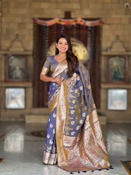 Ekta Textiles - Women Grey Banarasi Silk Minakari Woven Saree with Unstitched Blouse