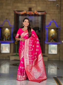 Ekta Textiles - Women Pink Soft Banarasi Silk Woven Saree with Unstitched Blouse