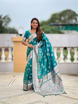Ekta Textiles - Turquoise Soft Banarasi Silk Minakari Woven Saree with Unstitched Blouse
