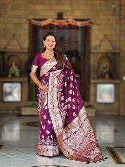 Ekta Textiles - Women Wine Soft Banarasi Silk Woven Saree with Unstitched Blouse