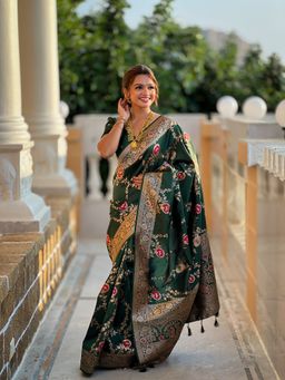 Ekta Textiles - Green Soft Banarasi Silk Minakari Saree with Unstitched Blouse