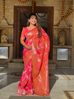 Ekta Textiles - Coral Banarasi Silk Minakari Woven Saree with Unstitched Blouse