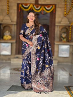 Ekta Textiles - Navy Blue Soft Banarasi Silk Minakari Woven Saree with Unstitched Blouse