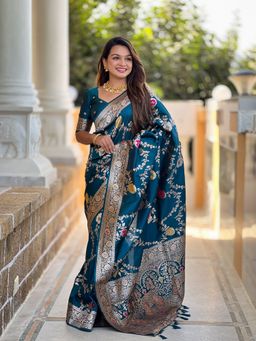 Ekta Textiles - Teal Banarasi Silk Minakari Woven Saree with Unstitched Blouse