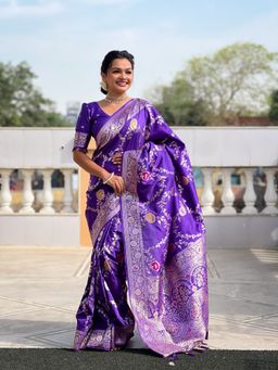 Ekta Textiles - Women Purple Banarasi Silk Minakari Woven Saree with Unstitched Blouse