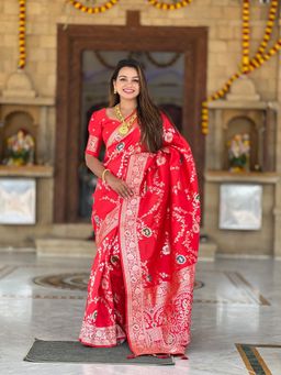 Ekta Textiles - Red Soft Banarasi Silk Minakari Woven Saree with Unstitched Blouse