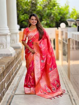 Ekta Textiles - Women Coral Banarasi Silk Minakari Woven Saree with Unstitched Blouse