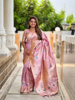 Ekta Textiles - Lavender Soft Banarasi Silk Minakari Woven Saree with Unstitched Blouse
