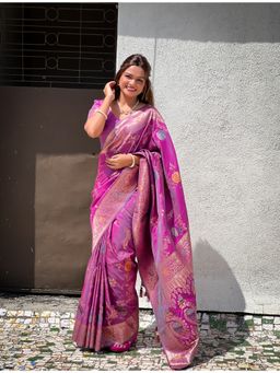 Ekta Textiles - Women Magenta Soft Banarasi Silk Woven Saree with Unstitched Blouse