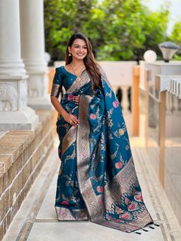 Ekta Textiles - Women Teal Banarasi Silk Minakari Woven Saree with Unstitched Blouse