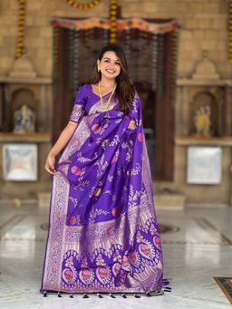 Ekta Textiles - Women Purple Banarasi Silk Minakari Woven Saree with Unstitched Blouse