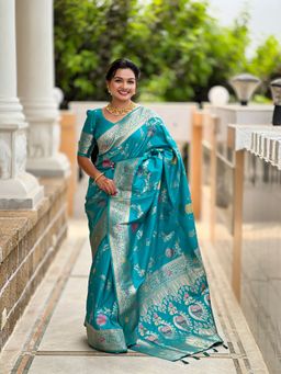 Ekta Textiles - Blue Soft Banarasi Silk Minakari Woven Saree with Unstitched Blouse