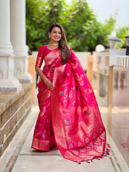 Ekta Textiles - Women Pink Soft Banarasi Silk Minakari Woven Saree with Unstitched Blouse