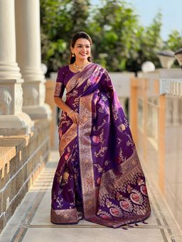 Ekta Textiles - Women Purple Banarasi Silk Woven Saree with Unstitched Blouse