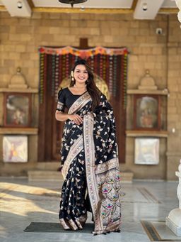 Ekta Textiles - Black Soft Banarasi Silk Minakari Woven Saree with Unstitched Blouse