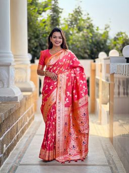 Ekta Textiles - Women Coral Banarasi Silk Minakari Woven Saree with Unstitched Blouse