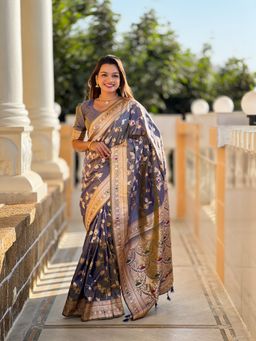 Ekta Textiles - Women Grey Soft Banarasi Silk Minakari Woven Saree with Unstitched Blouse