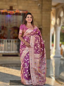 Ekta Textiles - Mauve Soft Banarasi Silk Minakari Woven Saree with Unstitched Blouse