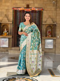 Ekta Textiles - Aqua Soft Banarasi Silk Minakari Woven Saree with Unstitched Blouse